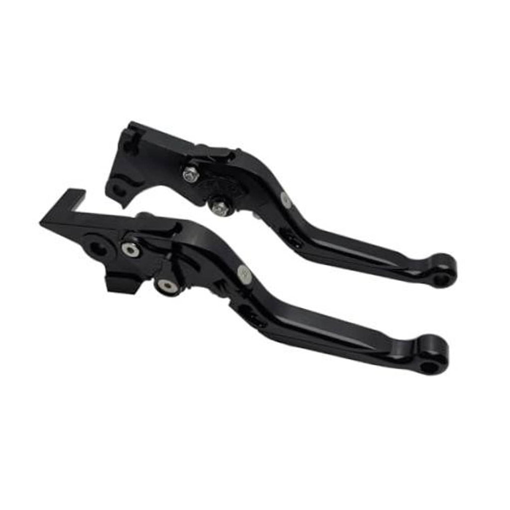 Black motorcycle brake and clutch lever set with folding lever tips and pivot hardware.