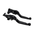 Black motorcycle brake and clutch lever set with folding lever tips and pivot hardware.