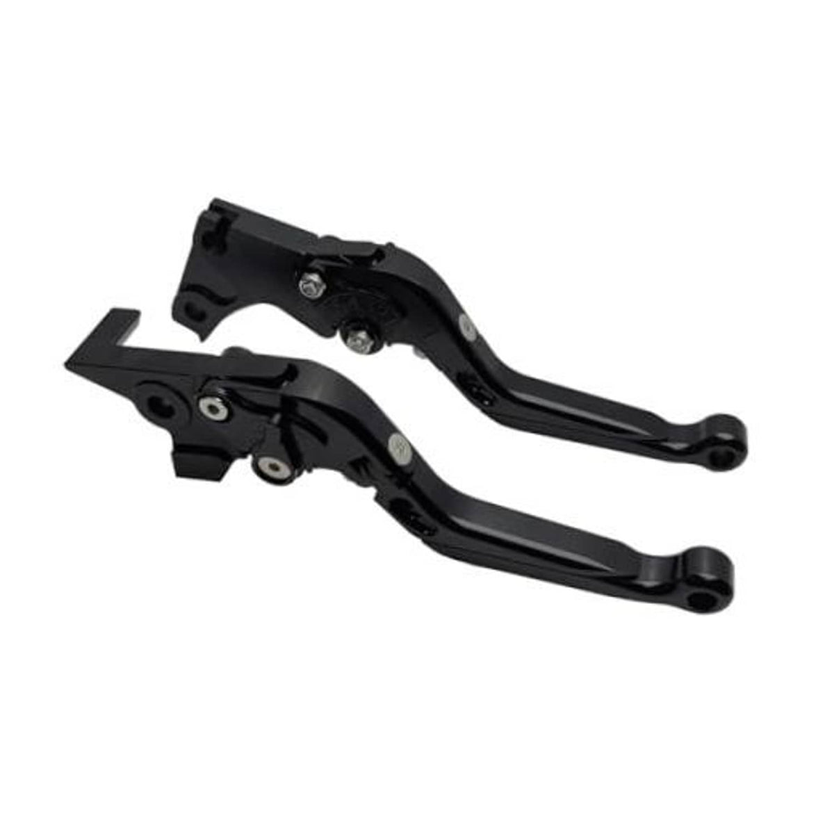 Black motorcycle brake and clutch lever set with folding lever tips and pivot hardware.