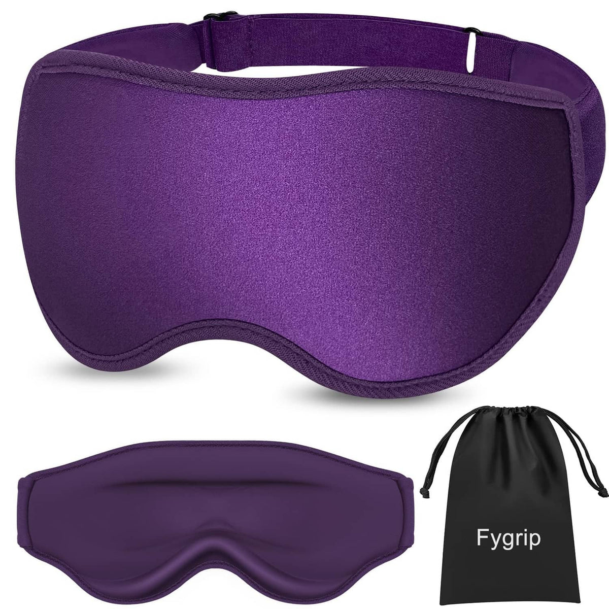 Purple 3D sleep eye mask with adjustable strap and matching travel drawstring bag