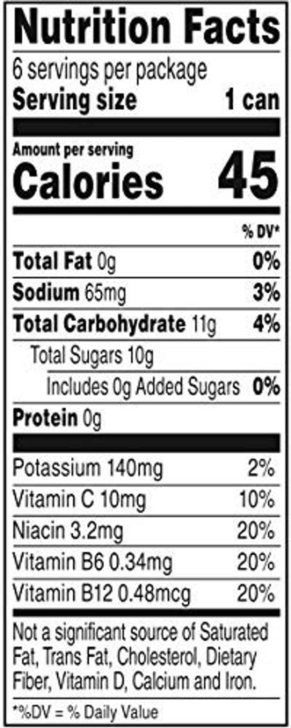 V8 Energy Black Cherry Nutrition Facts panel, 45 calories per can
