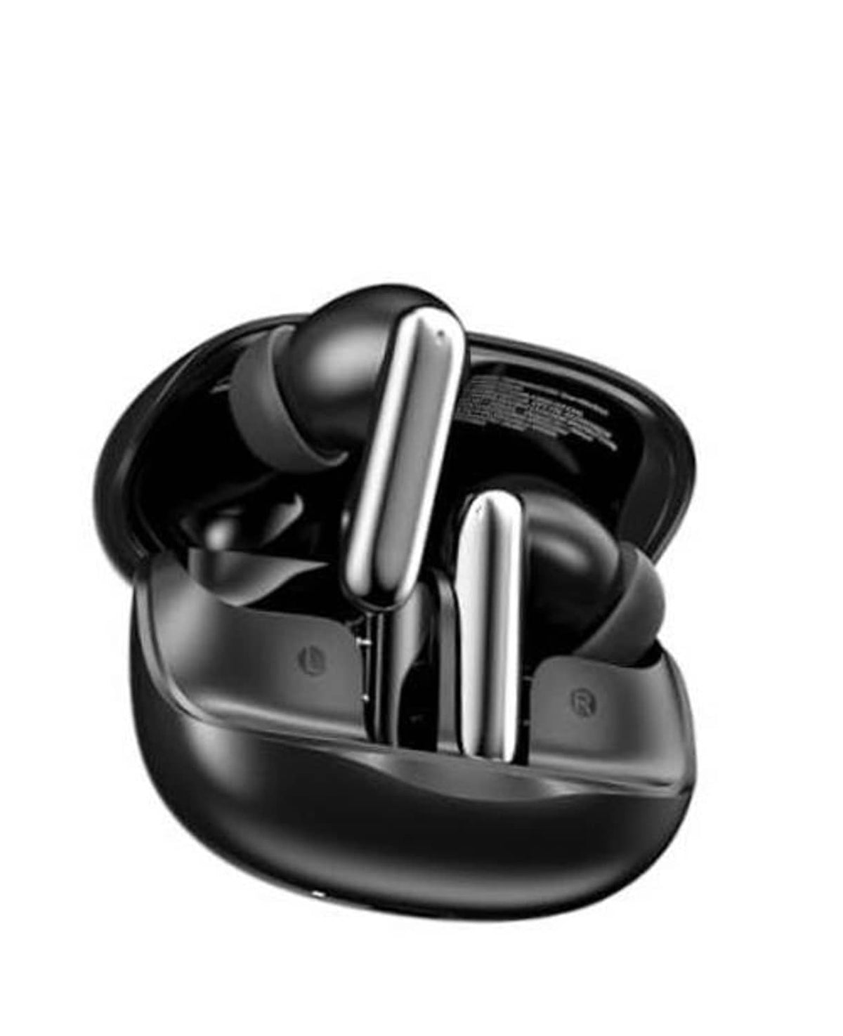 Black wireless earbuds resting in a glossy charging case, front top view.