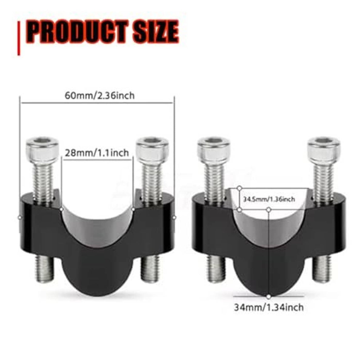 Black handlebar riser clamp bracket set showing size and bolt spacing, top view