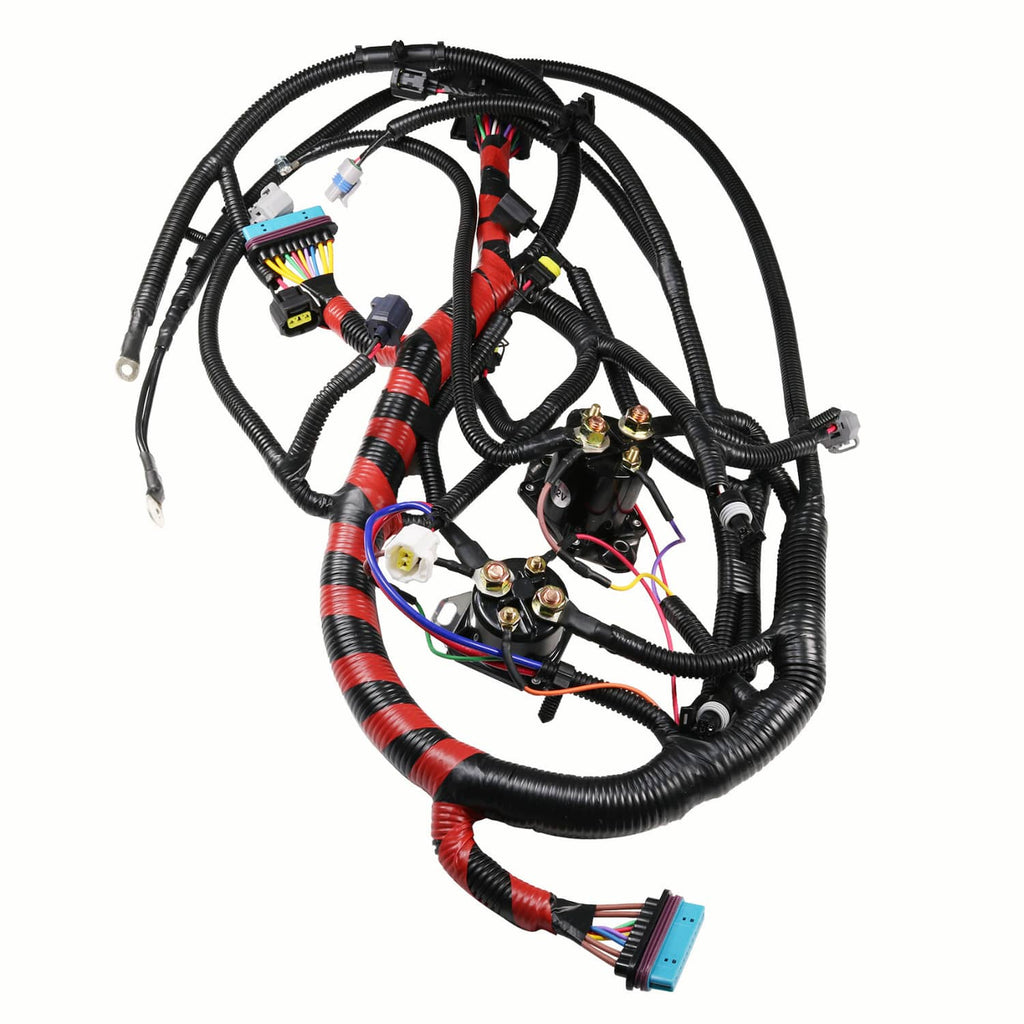 Engine wiring harness kit with black cable bundle, red-striped middle section, connector end