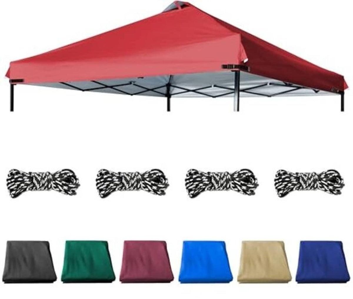 Red canopy top replacement with multiple fabric color swatches and black tie bows