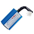 Blue 5-pin AC CDI ignition box with wiring connector and printed label