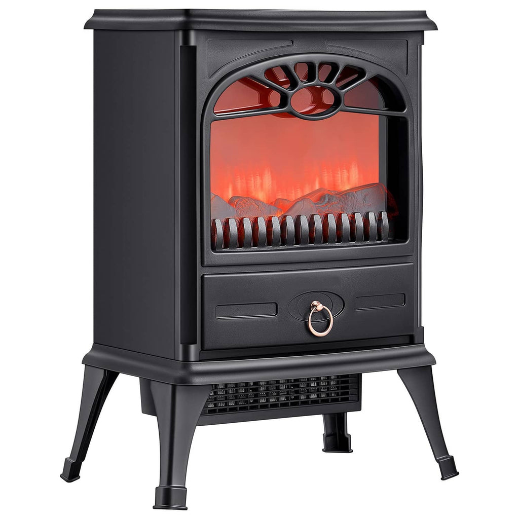 Black freestanding electric fireplace heater front view with glowing flame window and knob