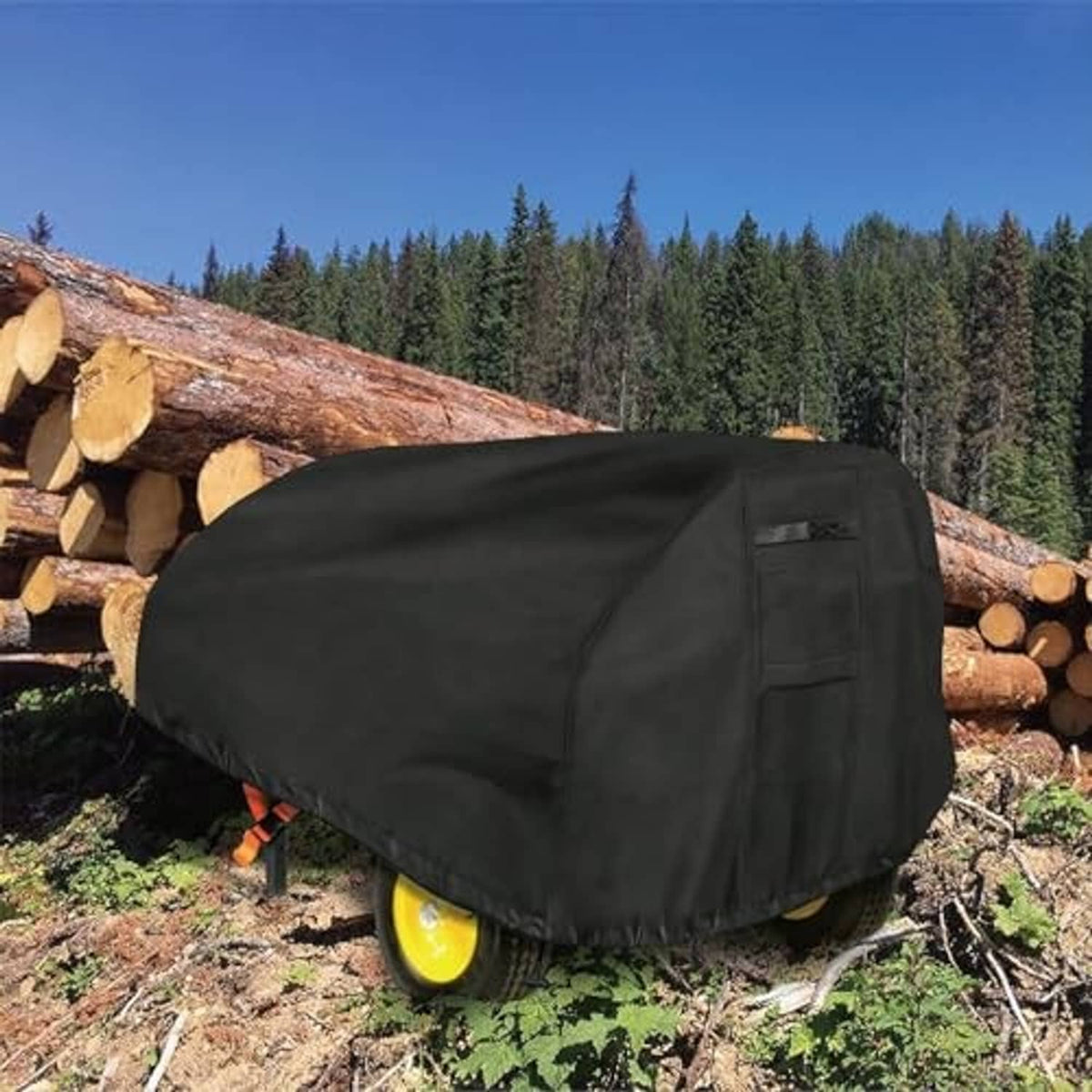 Black log splitter cover on a wheel-mounted splitter outdoors beside stacked logs.