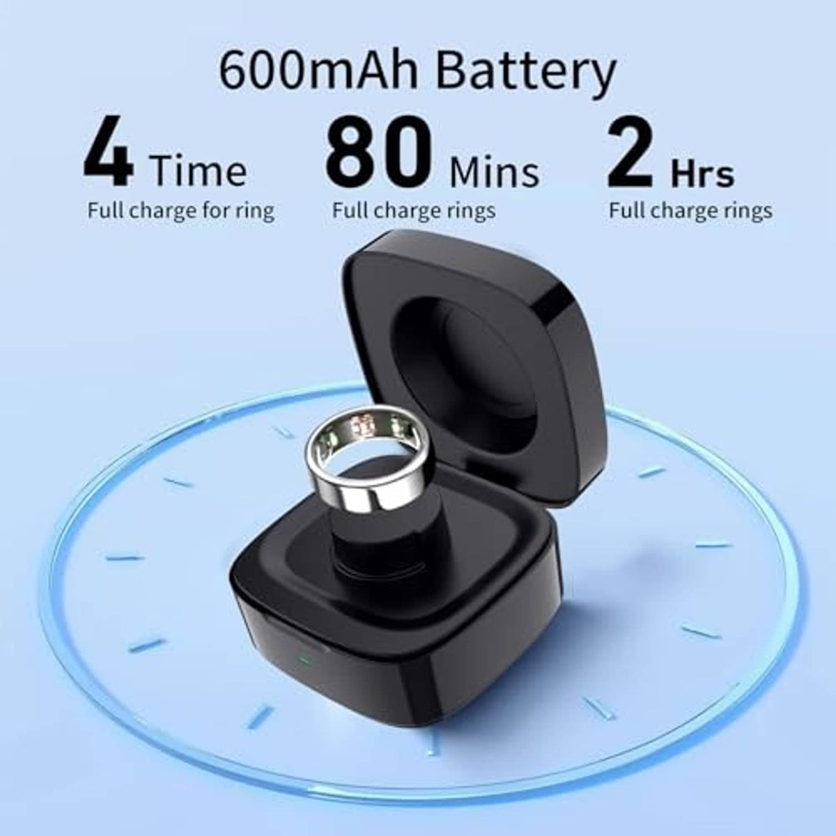 Black wireless ring charging case with ring docked on charging base, green LED