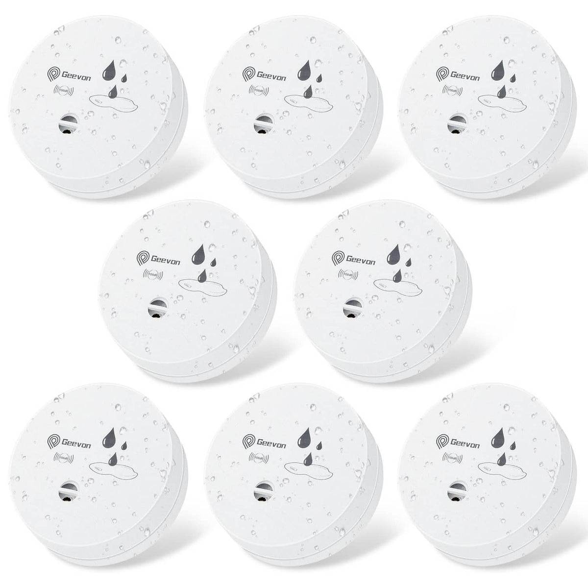White round water leak detector alarm with sensor ports and droplet indicator icons