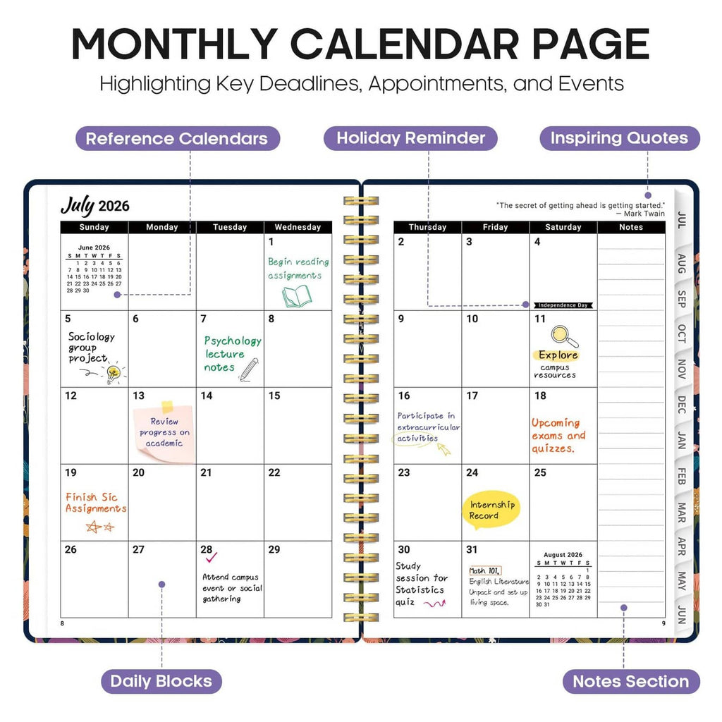 Monthly calendar pages inside academic planner with highlighted deadlines and notes