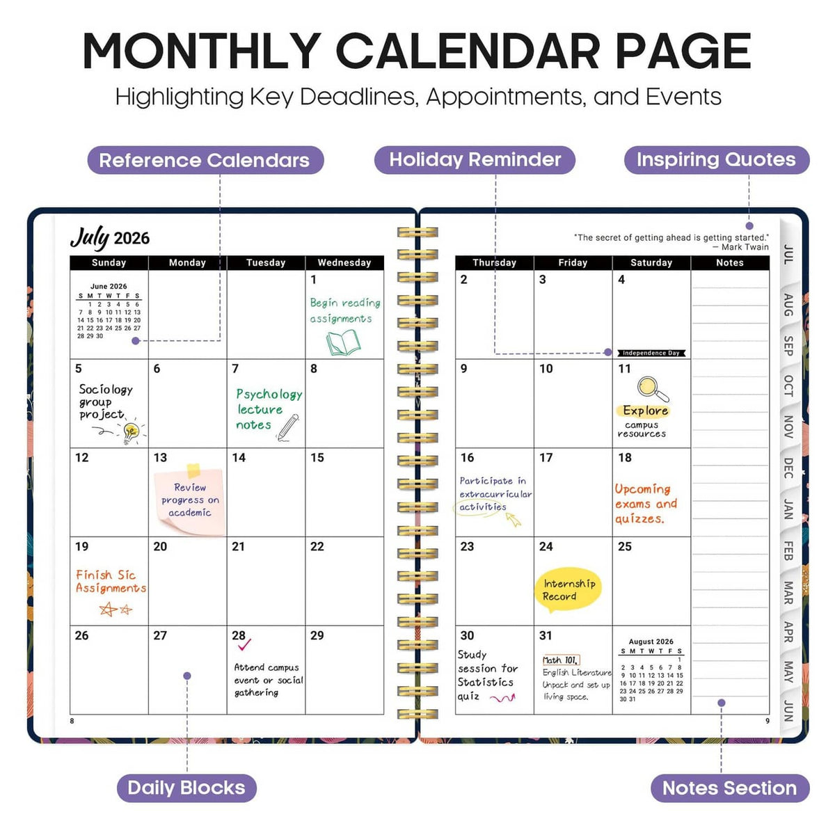 Monthly calendar pages inside academic planner with highlighted deadlines and notes