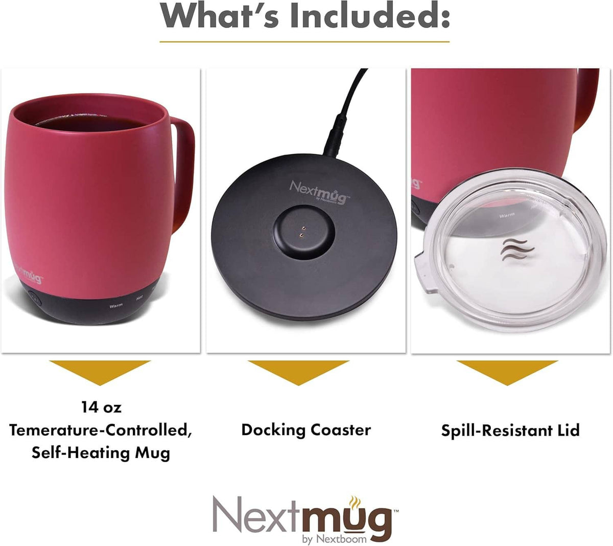 Dusty rose self-heating coffee mug with docking coaster and spill-resistant clear lid
