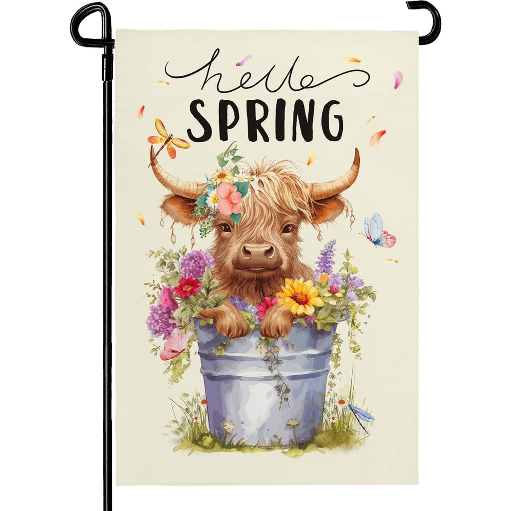 Hello Spring cream garden flag with a highland cow holding colorful flowers in a pot