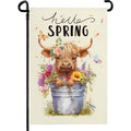 Hello Spring cream garden flag with a highland cow holding colorful flowers in a pot