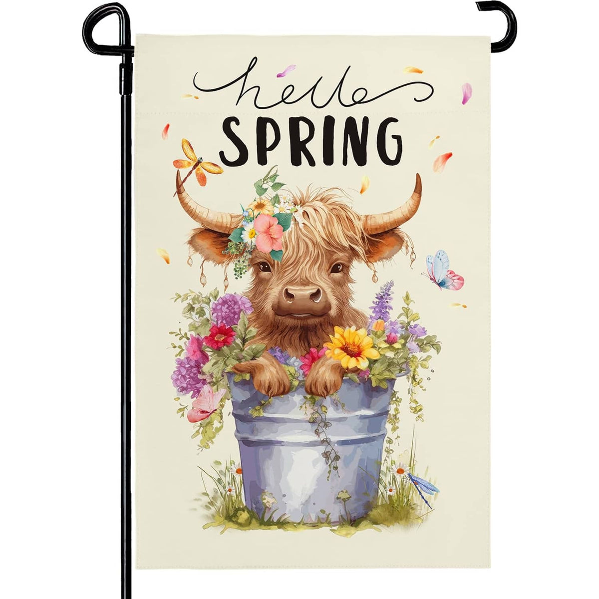Hello Spring cream garden flag with a highland cow holding colorful flowers in a pot