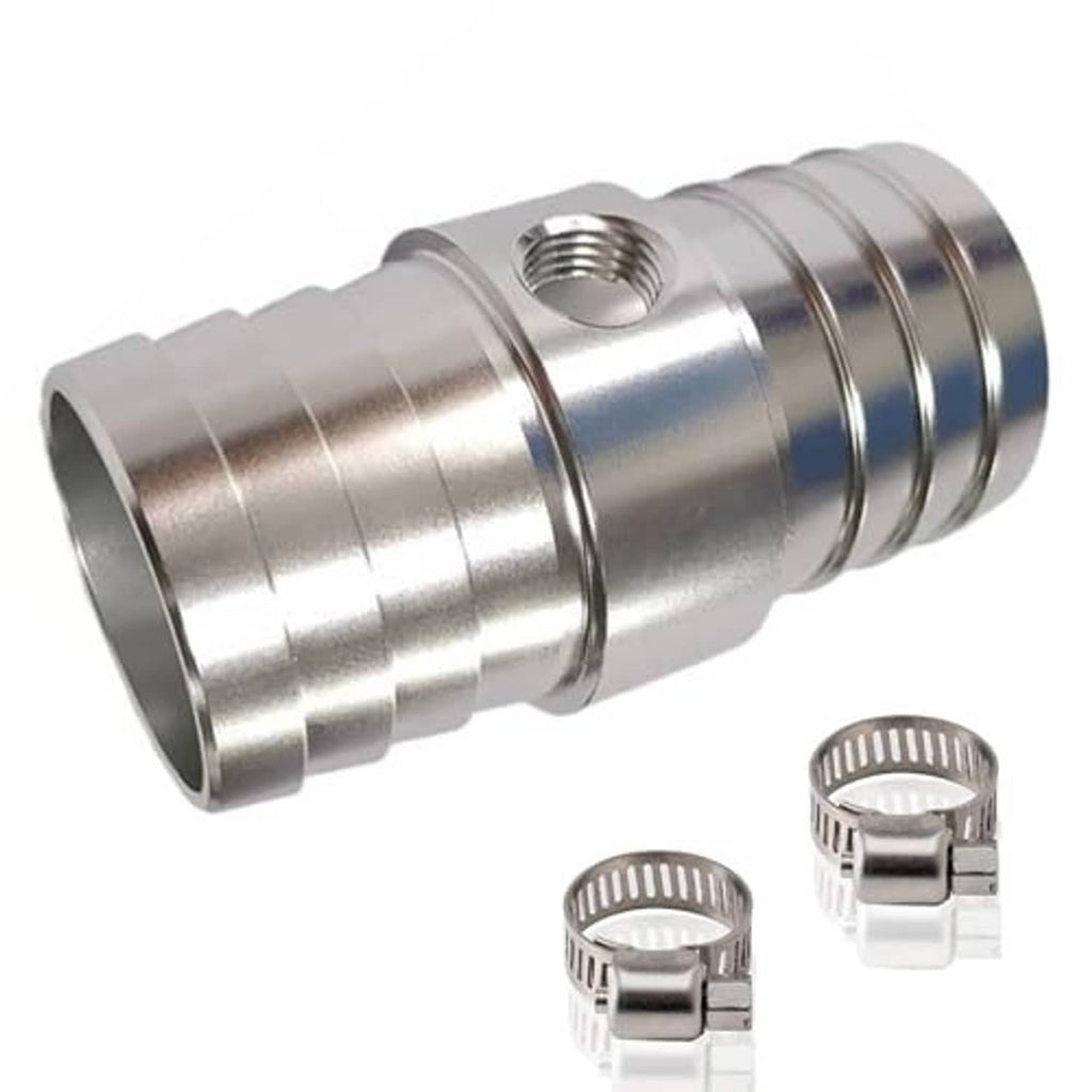1-inch OD hose connector with threaded 1/8 NPT port and two stainless hose clamps