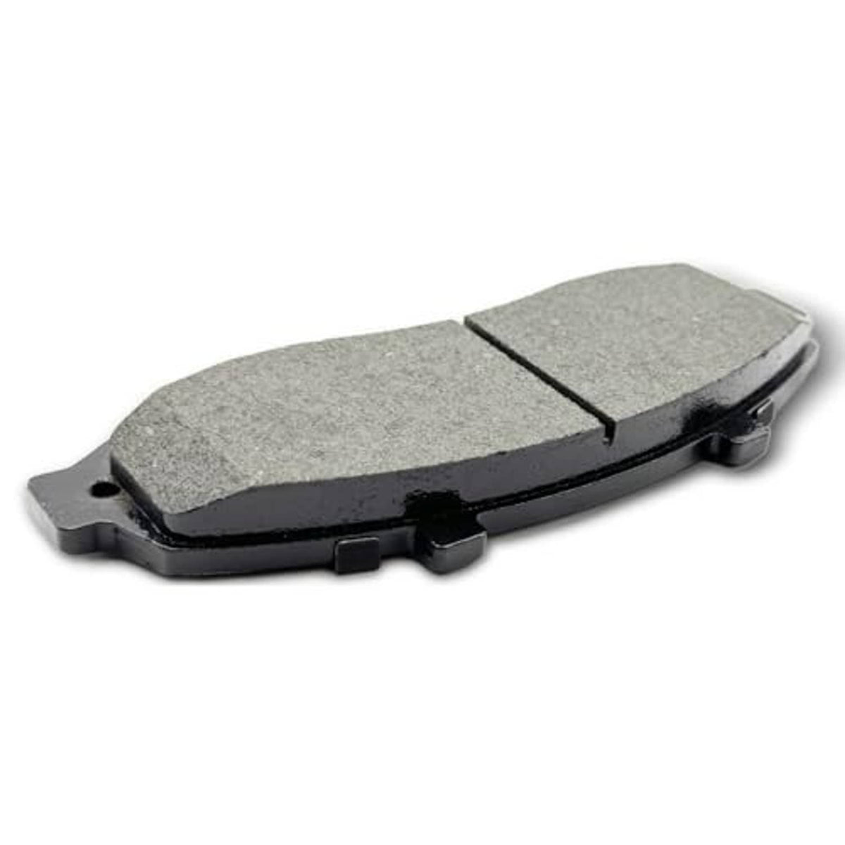 Single ceramic brake pad with grey friction face and black coated backing plate.