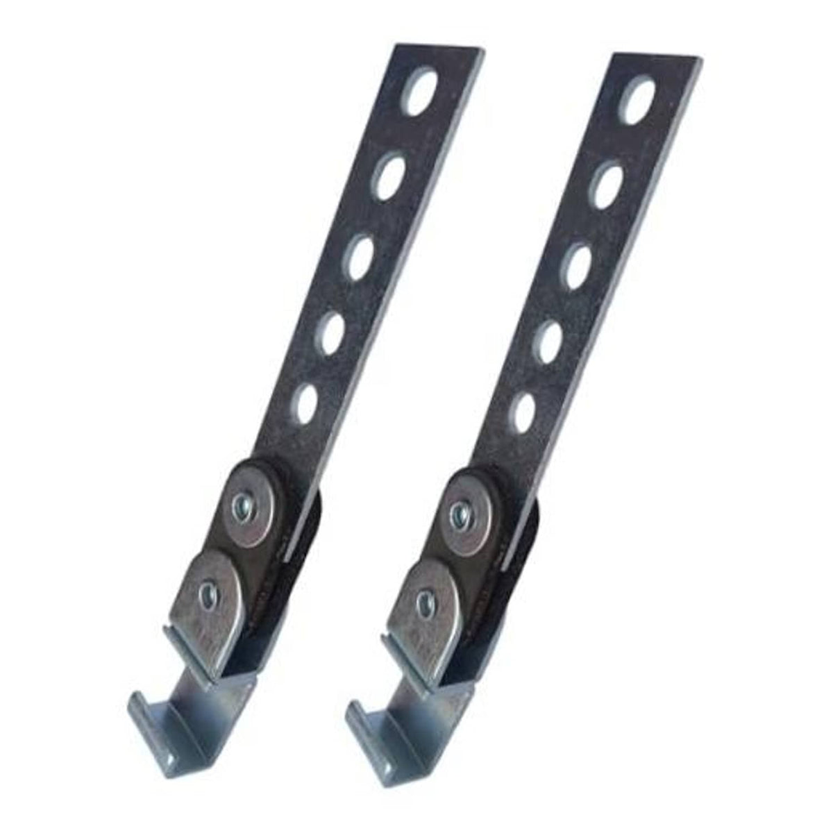 Pair of black steel exhaust hangers with bolted rubber isolators and slotted base plates