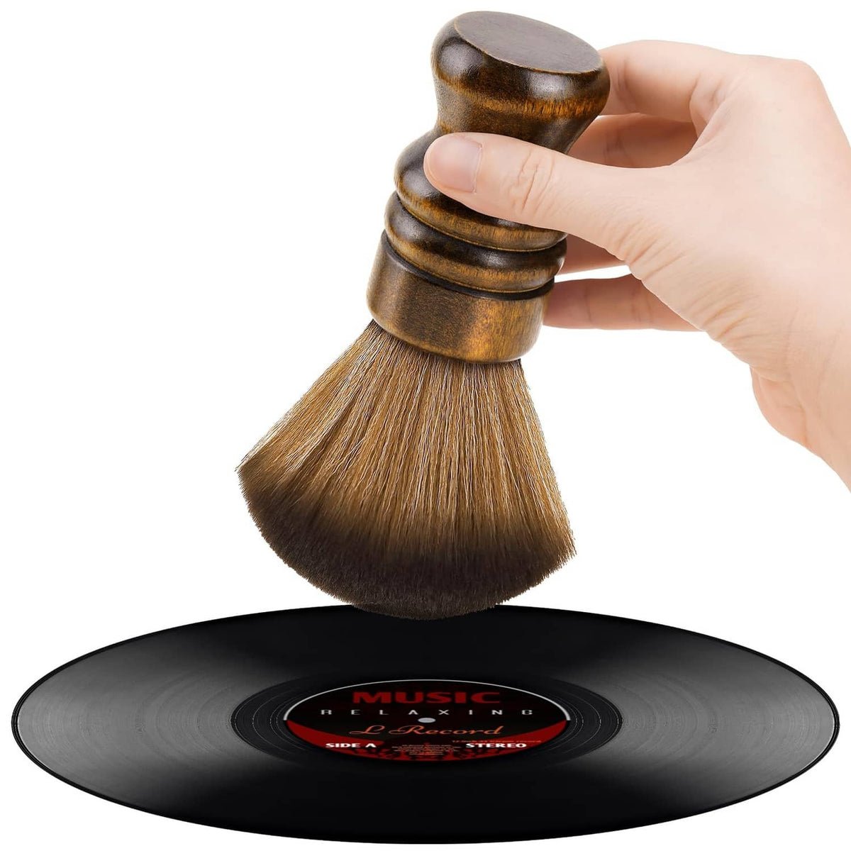 Brown anti-static vinyl record cleaning brush with dense soft bristles and wooden handle
