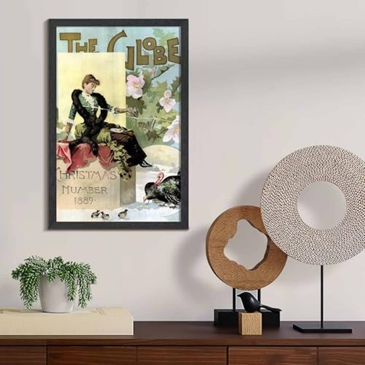Black photo frame holding a vintage-style poster print, wall mounted.