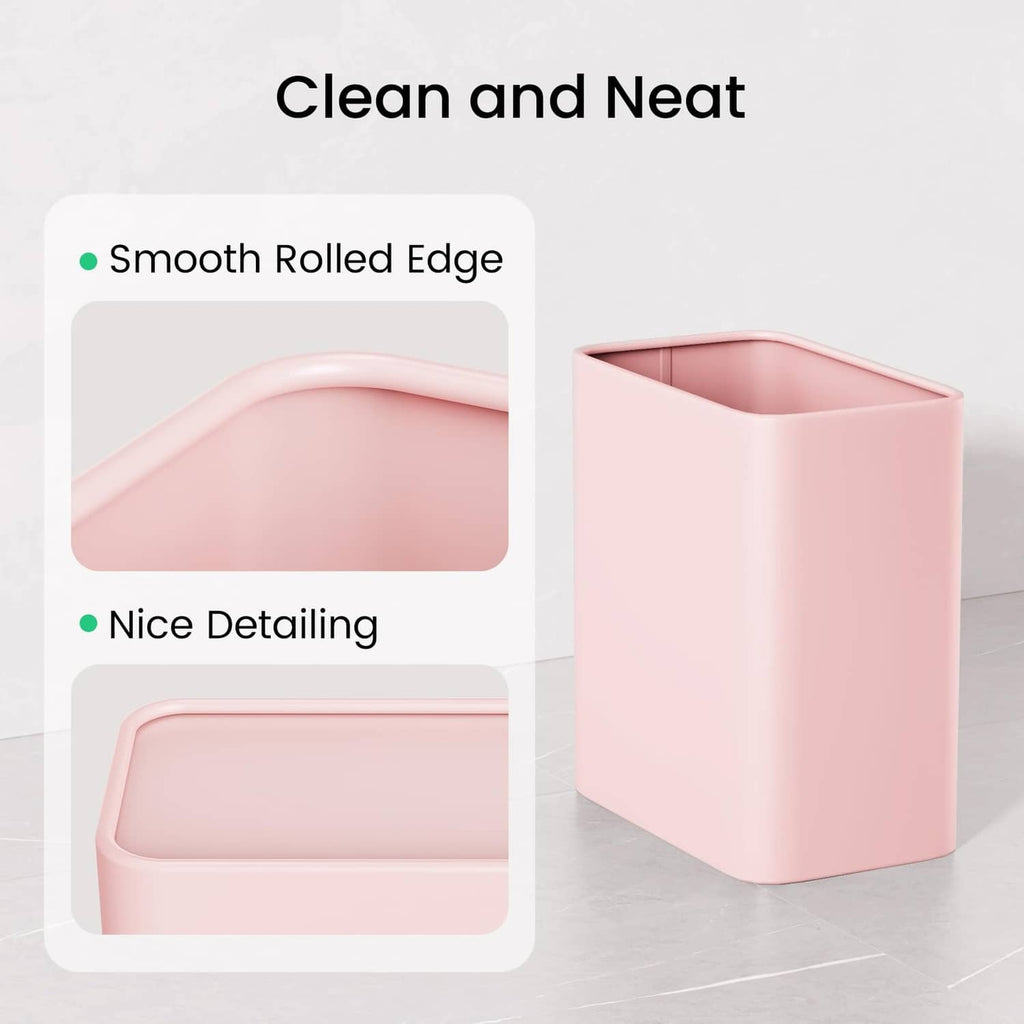 Pink trash can with smooth rolled rim and tidy rectangular shape