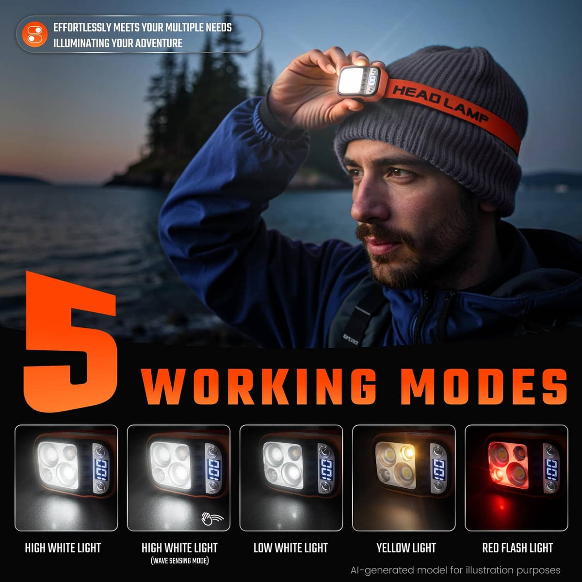 Orange mini LED headlamp on an elastic beanie cap, showing front light and control buttons