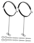 Two-piece adjustable pipe bracket kit with black rings, base plates, and mounting hardware