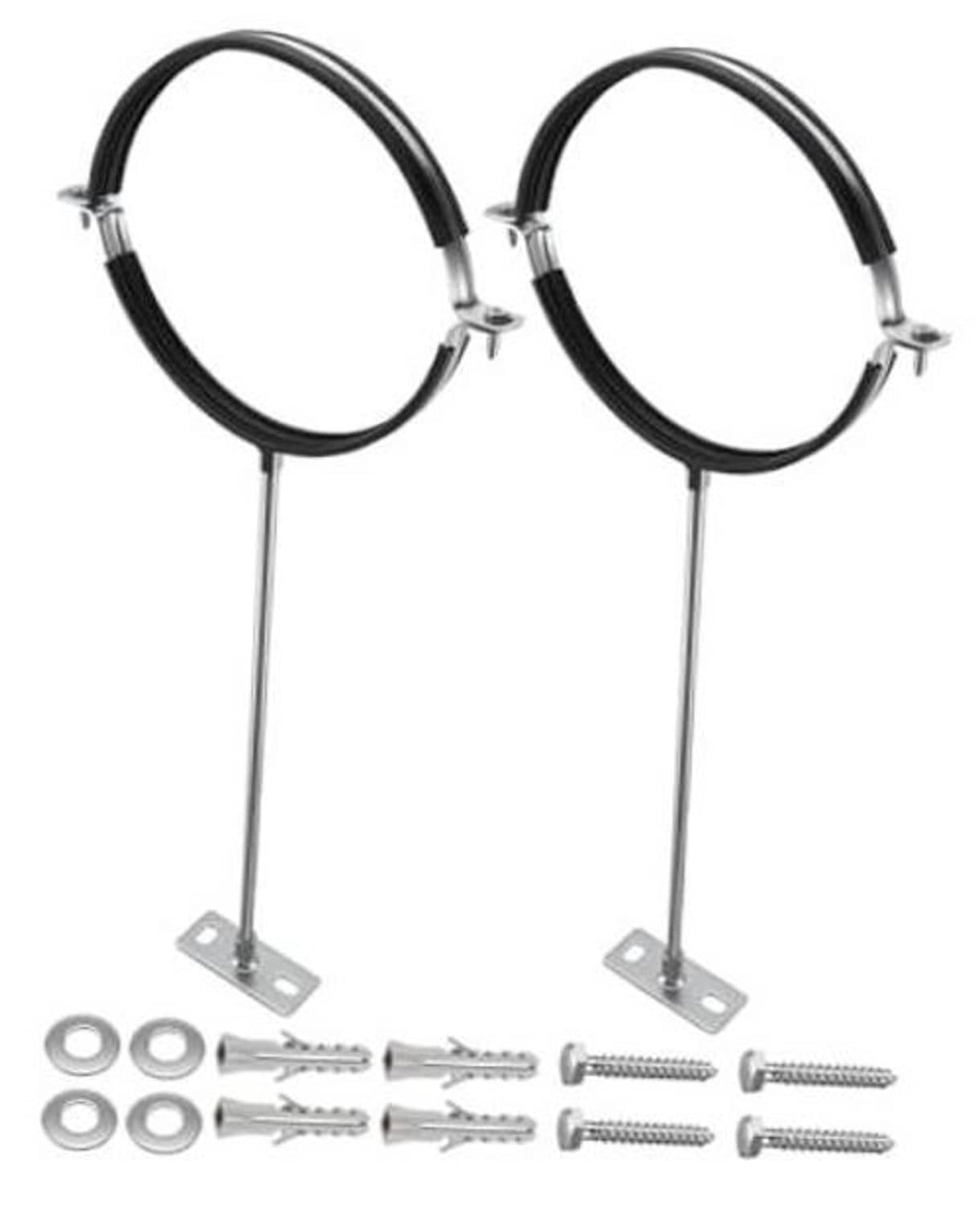 Two-piece adjustable pipe bracket kit with black rings, base plates, and mounting hardware