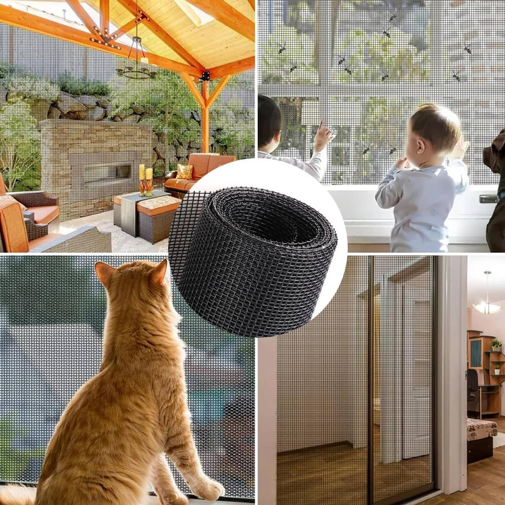 Installed charcoal gray pet window screen with roll inset and cat/dog nearby