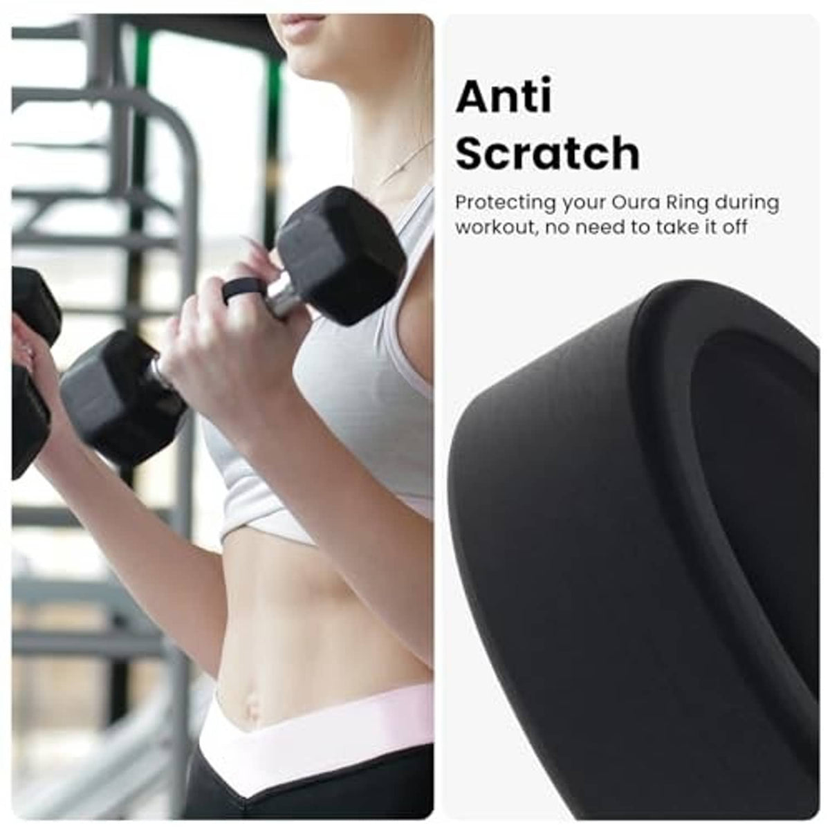 Black silicone ring cover for Oura ring, shown in use and close-up