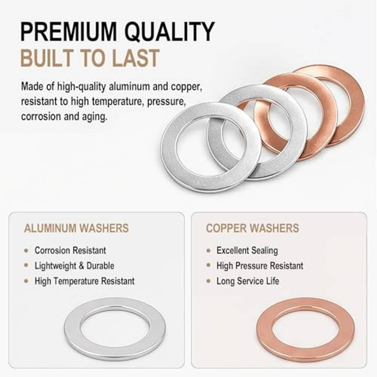 Set of aluminum and copper crush washers, round flat gaskets in silver and copper colors
