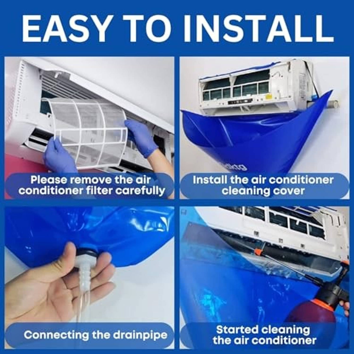 Installing mini-split cleaning cover on an indoor AC unit with cleaning tools