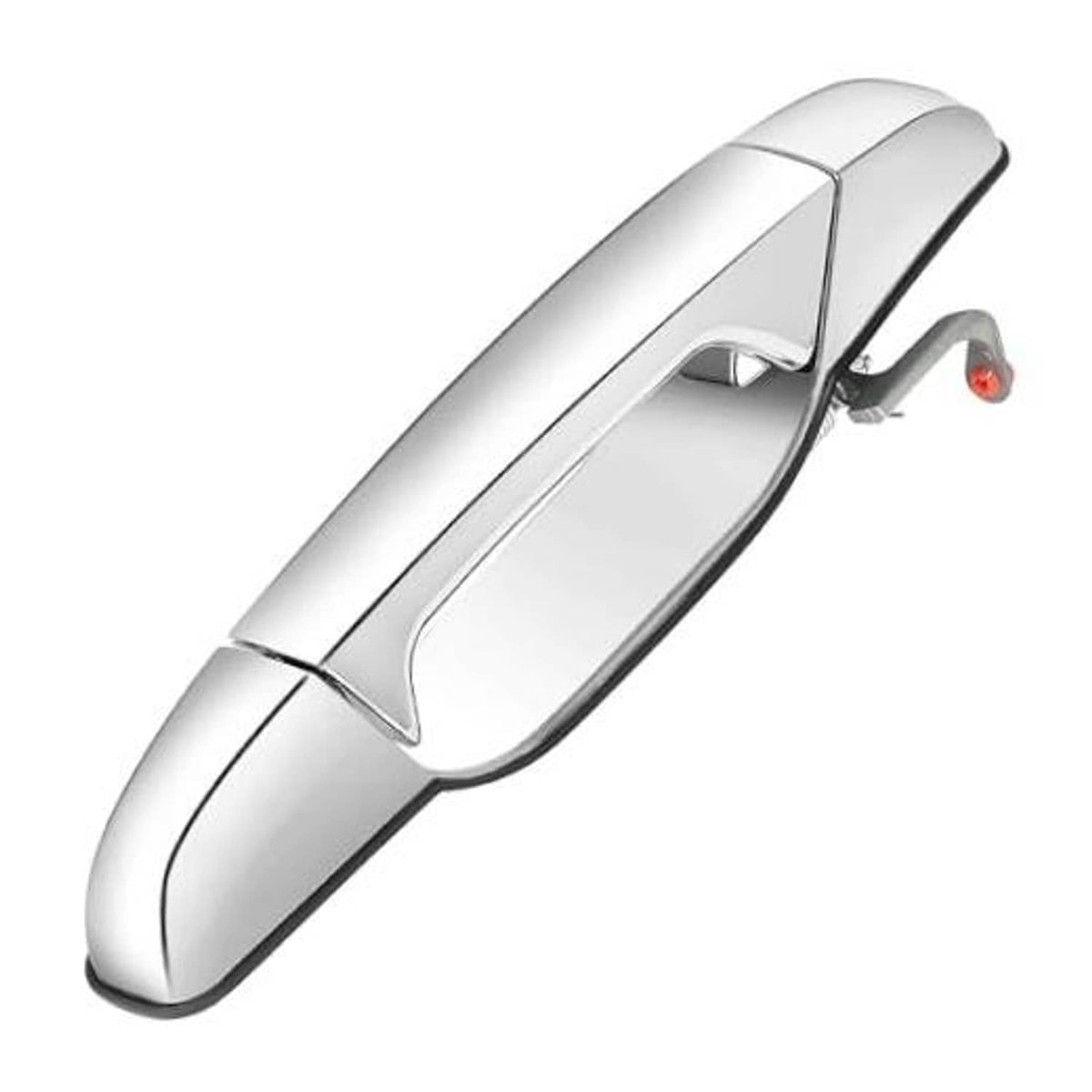 Exterior chrome door handle, front right passenger side; includes small red release piece.
