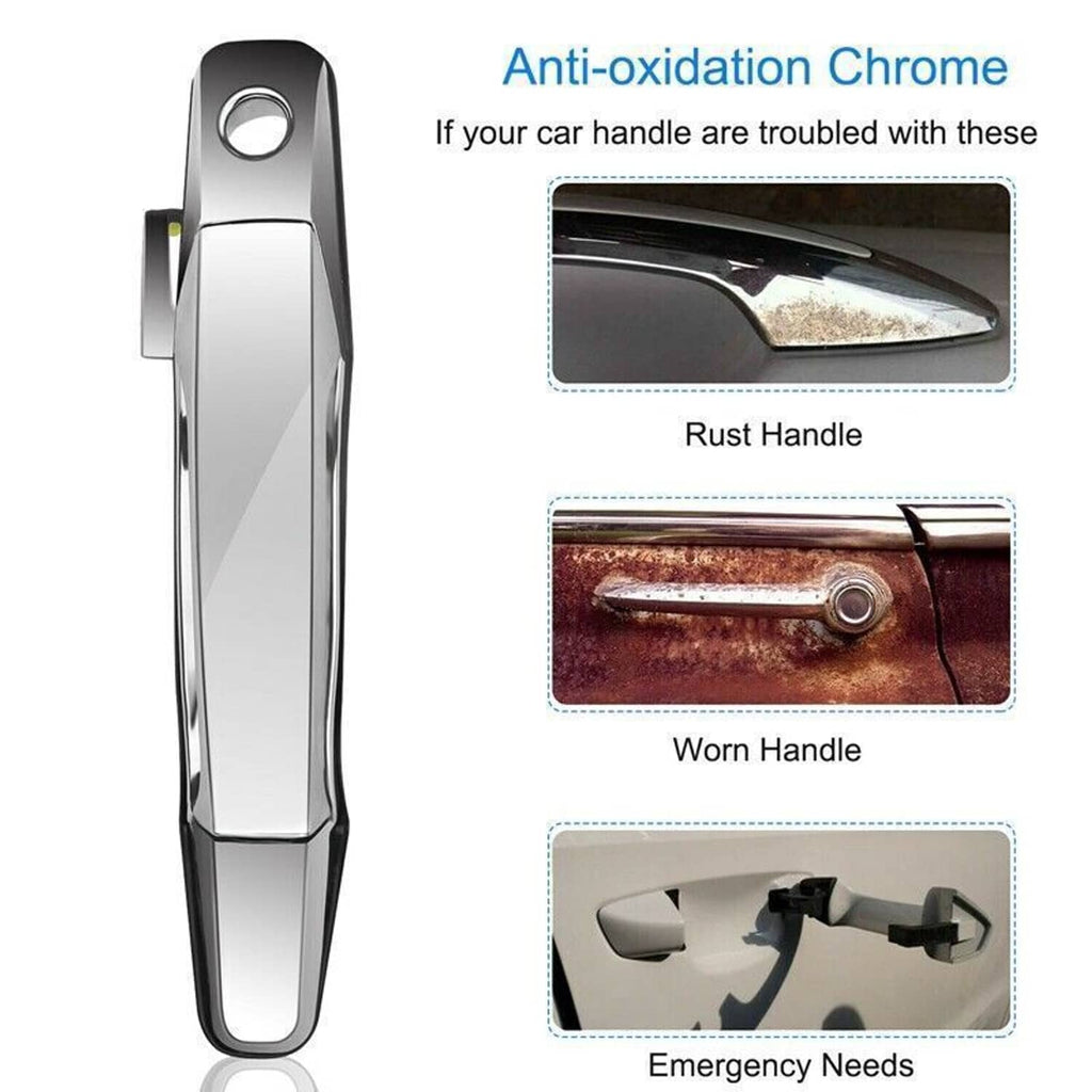 Chrome exterior door handle with circular key hole and smooth reflective finish