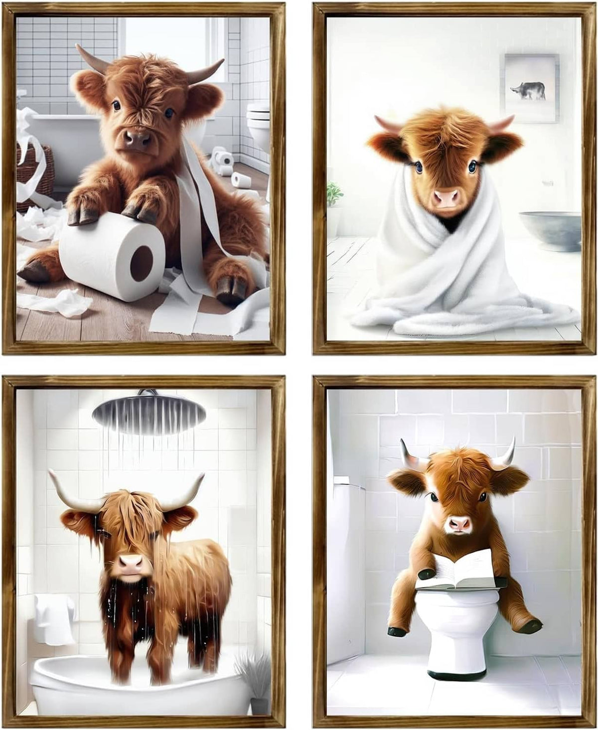 Four framed Highland cow bathroom prints in matching wood frame set