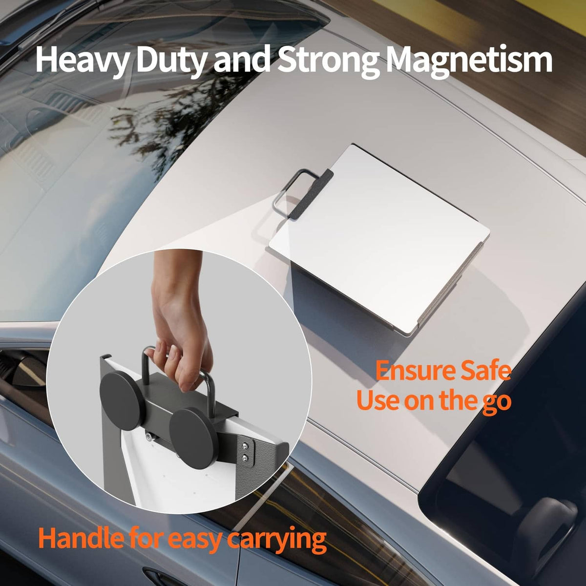 Magnetic car mount with silver base and two large round black magnets