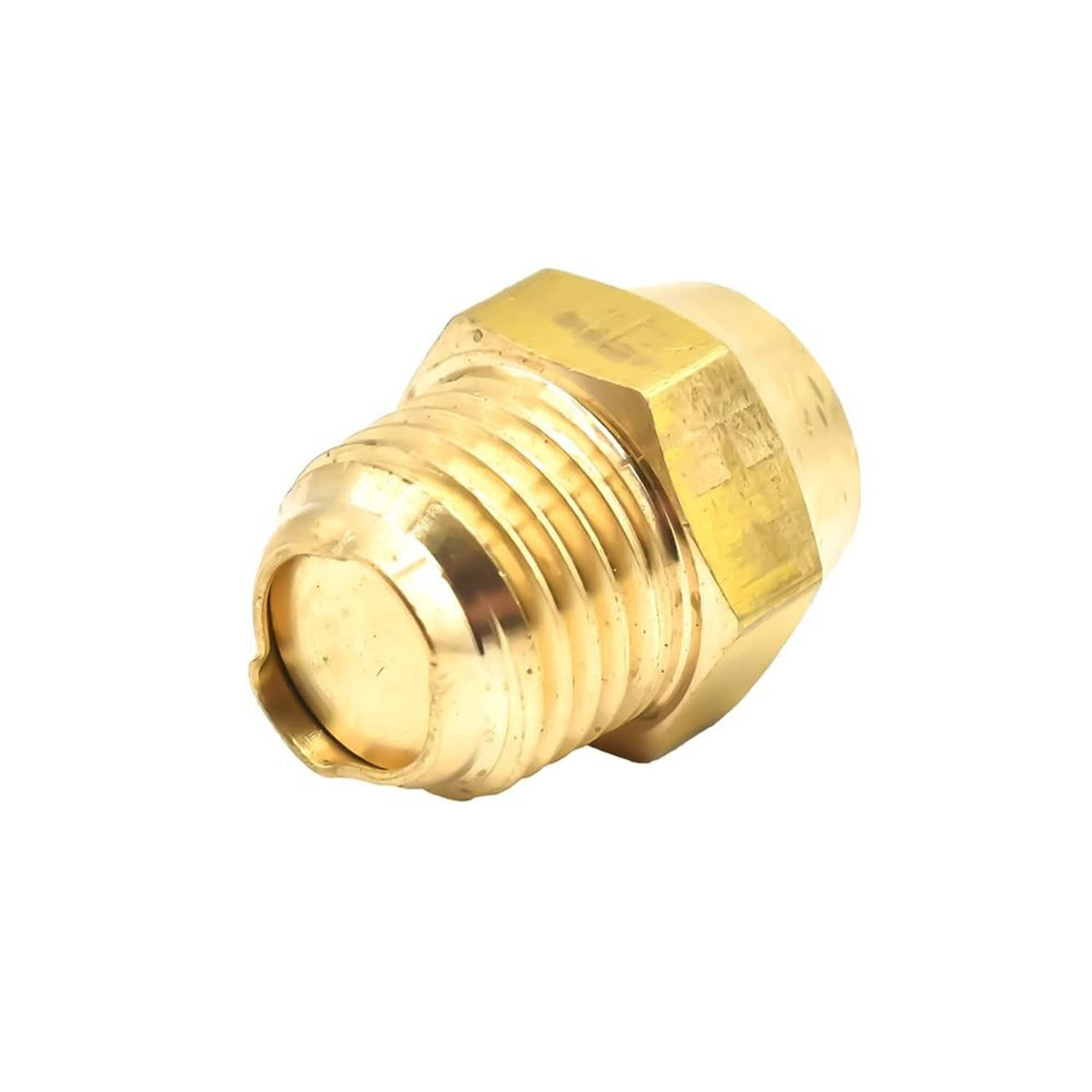 Brass NPT fitting with recessed end face, hex nut body, and external threads