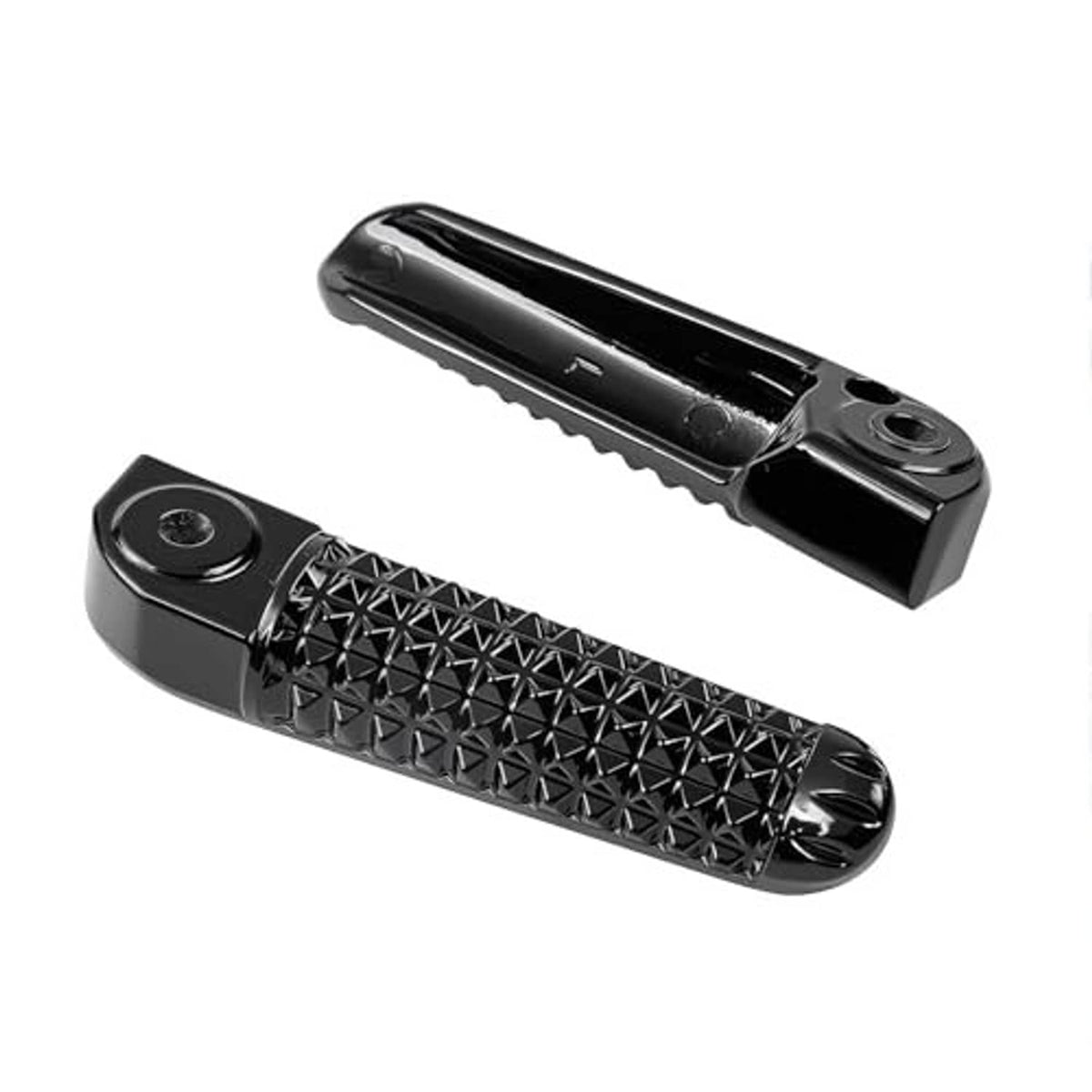 Front passenger foot peg set, black aluminum with diamond anti-slip tread, 2 pieces