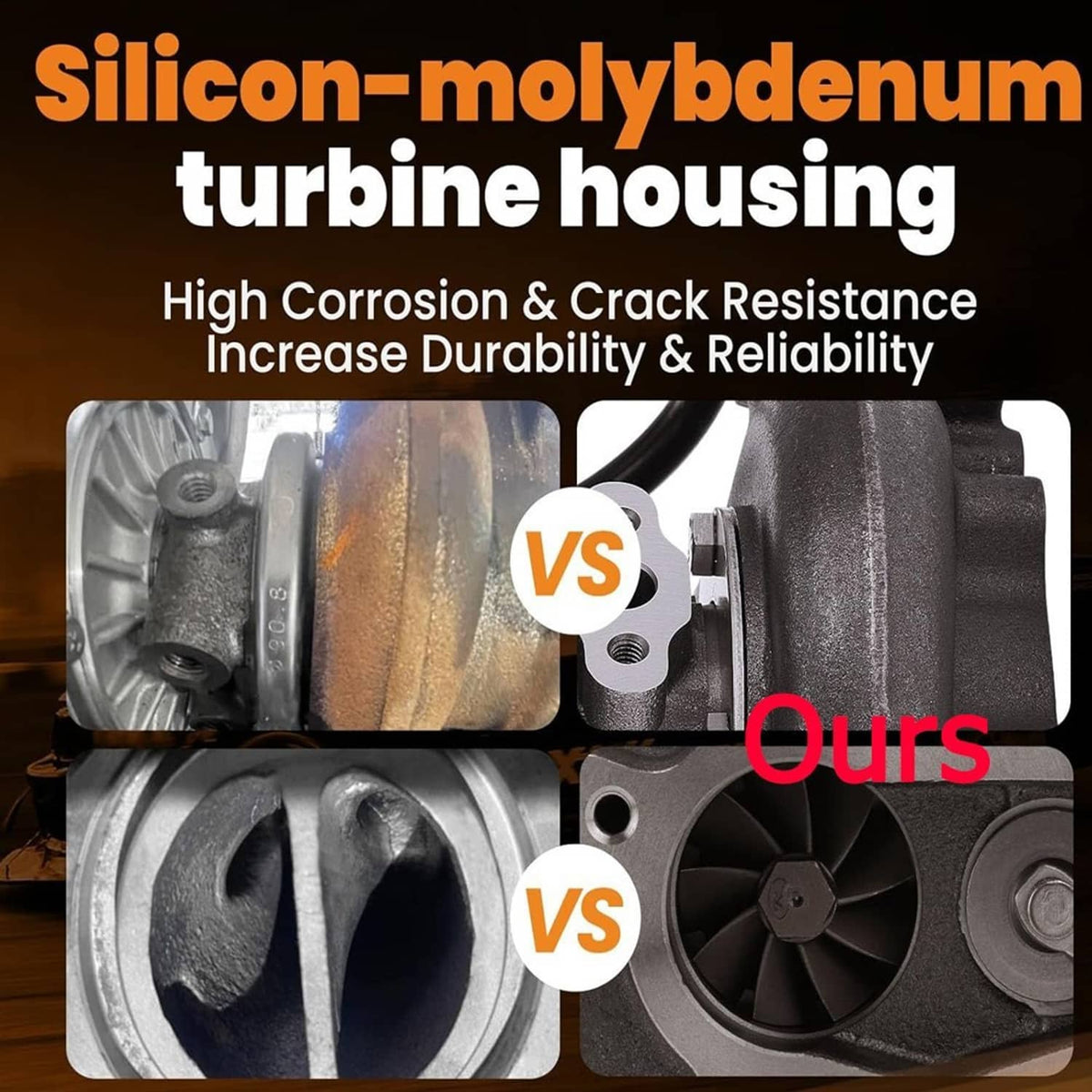 Silicon-molybdenum turbine housing comparison panels for turbocharger parts