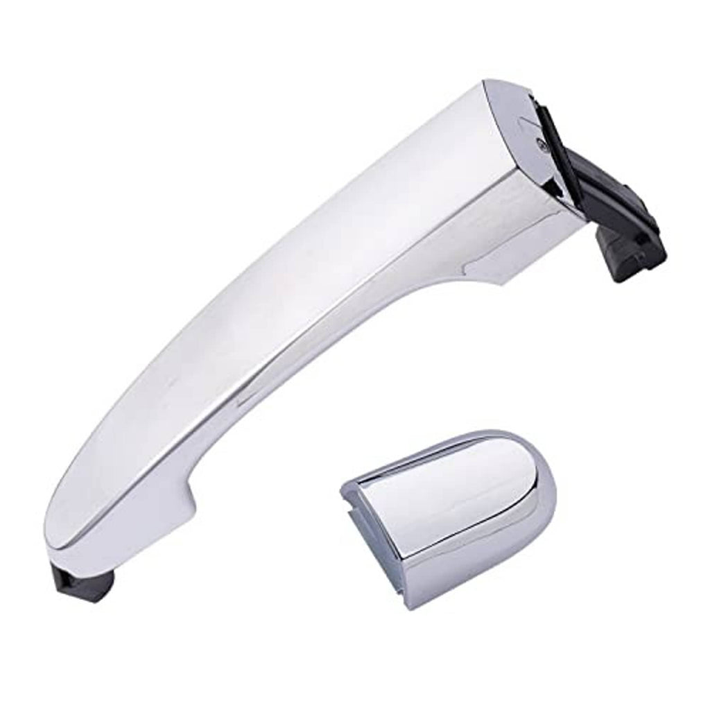 Chrome door handle with separate cover cap, showing underside mounting tabs