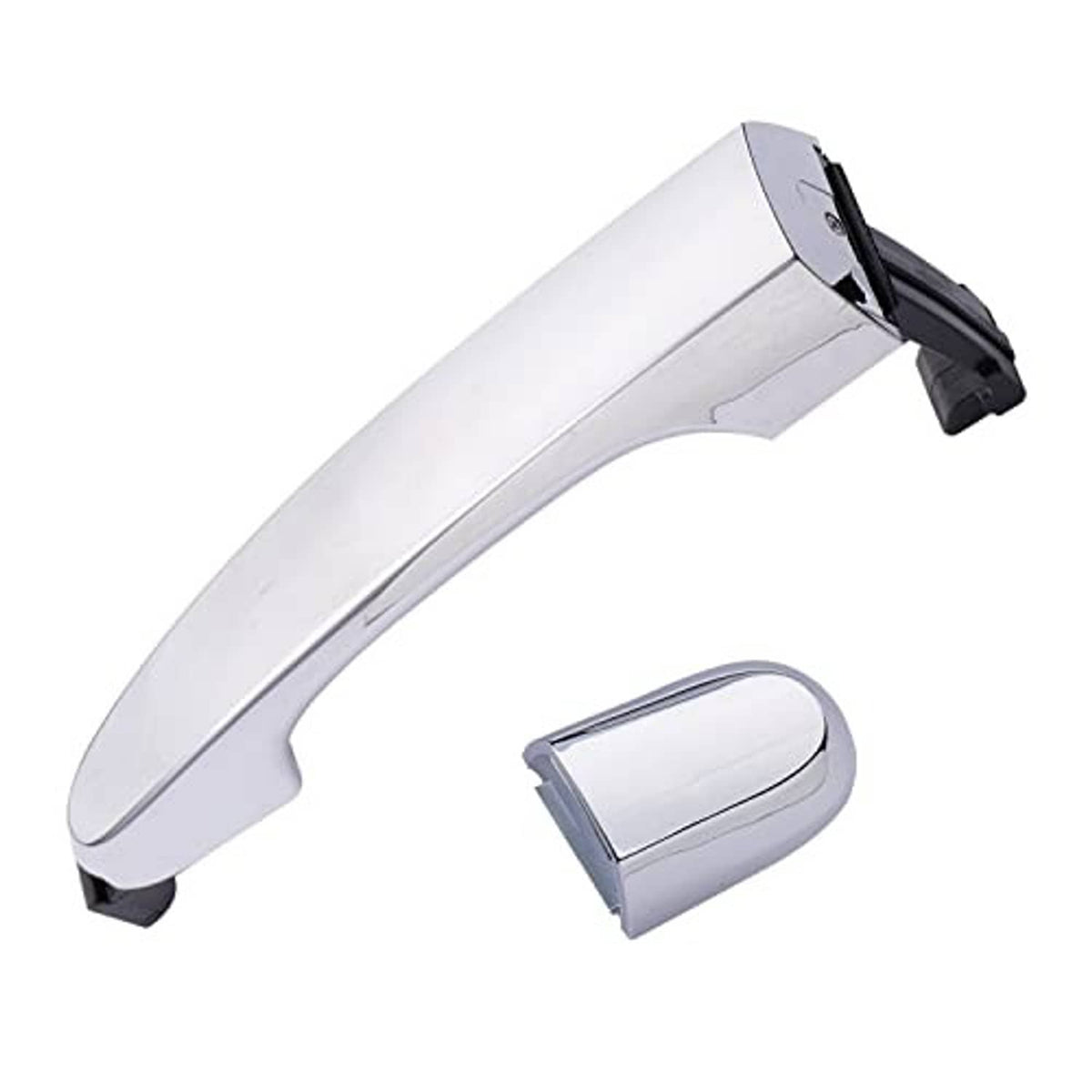 Chrome door handle with separate cover cap, showing underside mounting tabs
