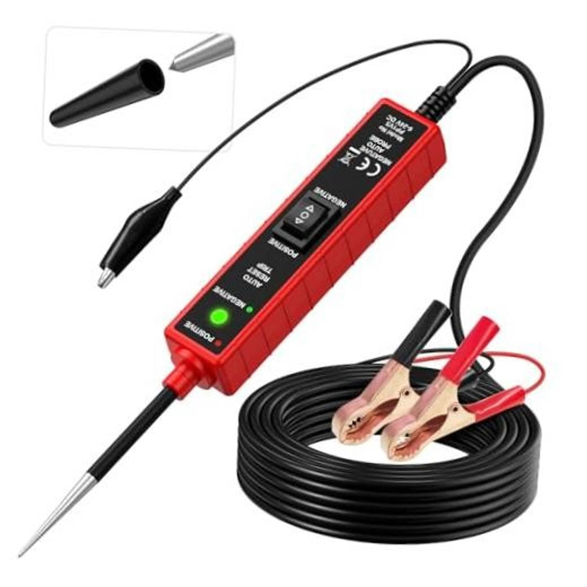 Red and black automotive circuit probe tester with long cable and alligator clips