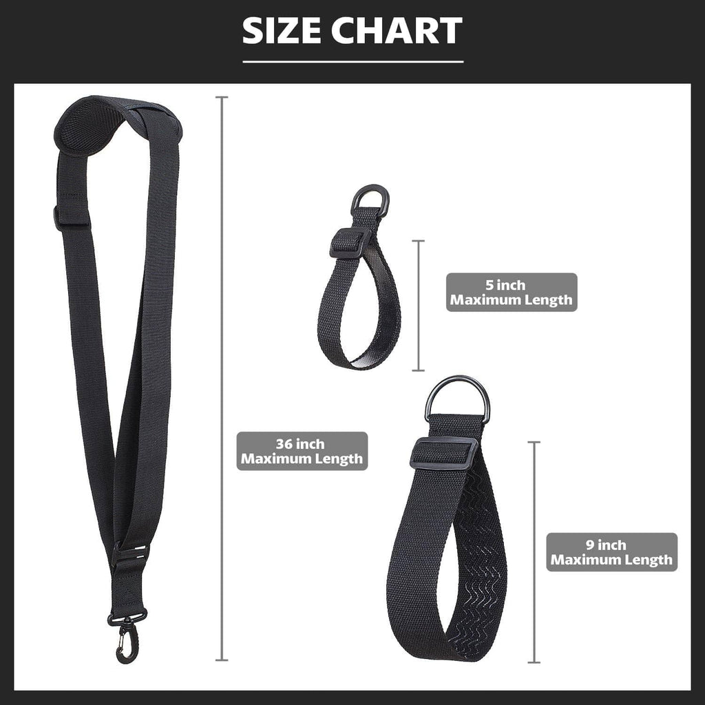 Trimmer shoulder strap size chart with maximum lengths for strap and loop