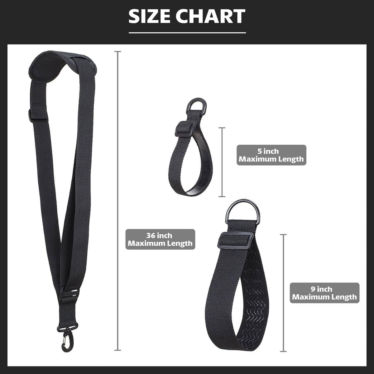 Trimmer shoulder strap size chart with maximum lengths for strap and loop