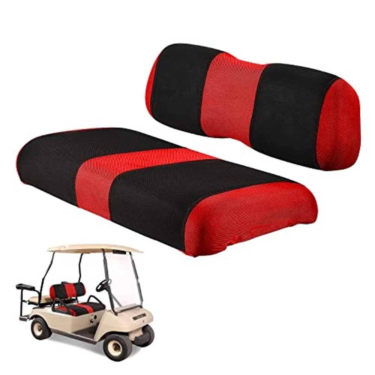 Golf cart seat cushion covers, red-and-black striped design for front seats and headrest