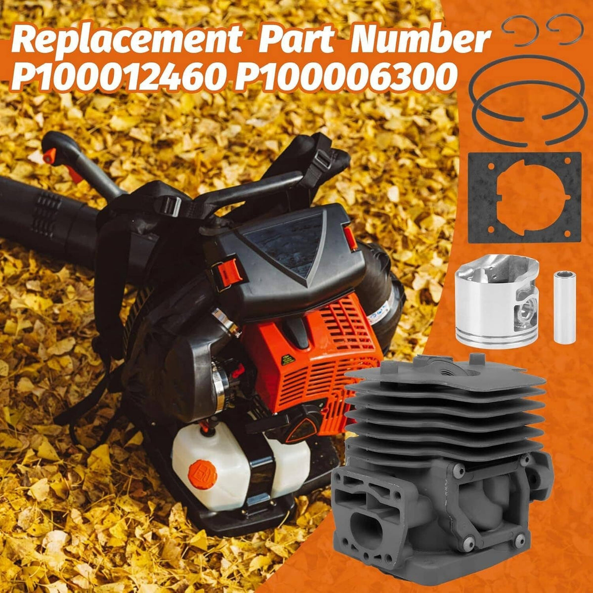 Gray replacement cylinder and piston kit with gasket, rings, and mounting parts.