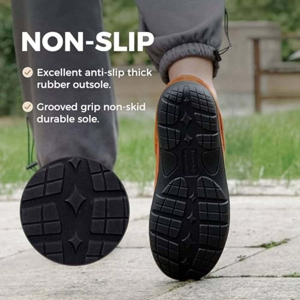 Black rubber non-slip outsole tread of men's moccasin slippers
