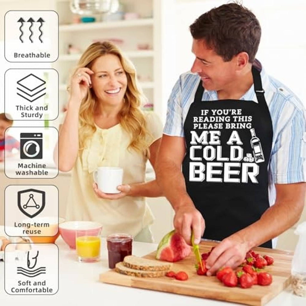 Black beer slogan apron worn during cooking; adjustable strap and large pocket visible