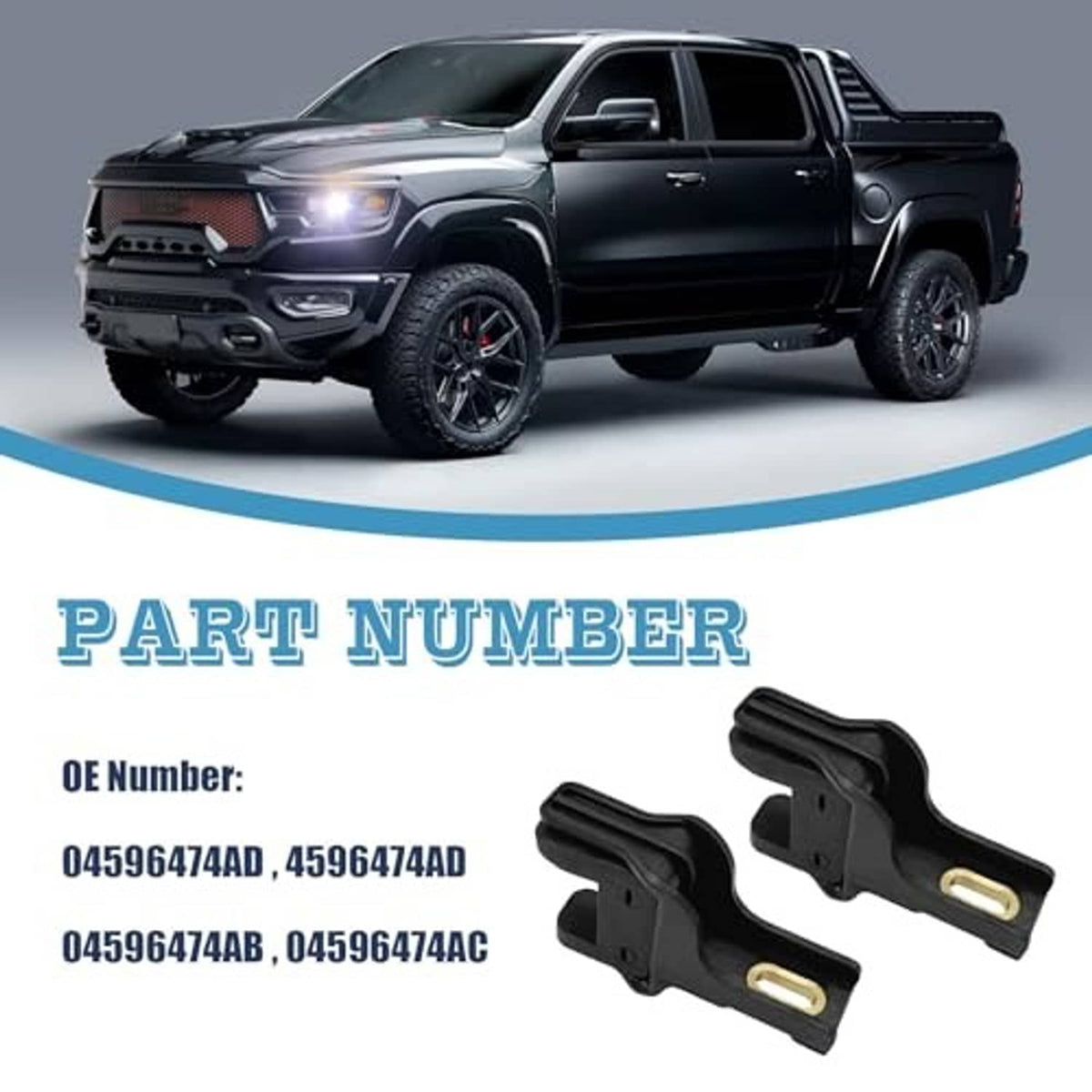 Pair of black upper radiator bracket insulators with gold-toned inserts beside vehicle